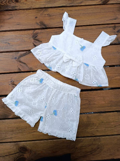 ست کراپ شورتک دخترانه خامه دوزی سفید آبی